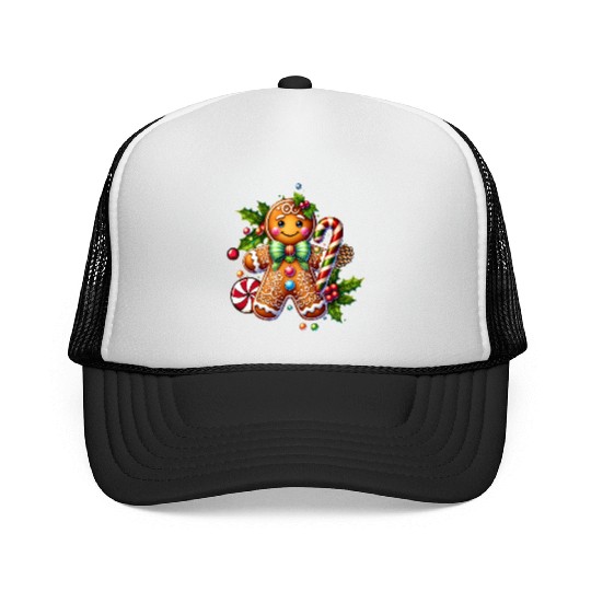 Happy gingerbread man with candy cane Trucker Caps