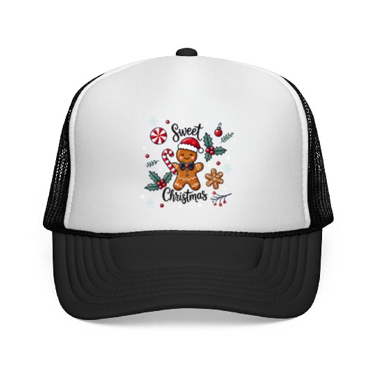 Happy gingerbread man with candy cane Trucker Caps