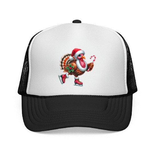 Turkey Ice Skating with Candy Cane and Santa Hat Trucker Caps