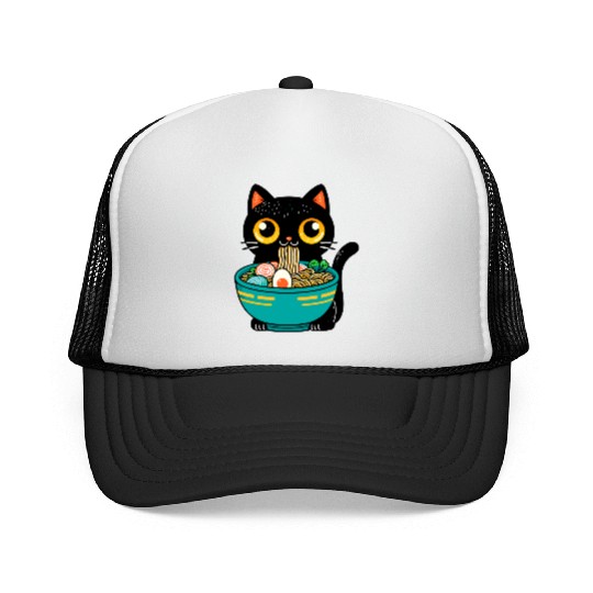 Funny Cat Eating Ramen Japanese Cat Ramen Noodles Trucker Caps
