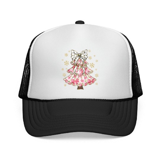 Preppy Pink Coquette Bow Xmas Tree Trucker Caps