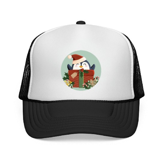 Cute Penguin with Gift and Santa Hat Trucker Caps