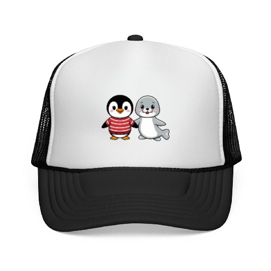Penguin and Seal Friends holding hands Trucker Caps