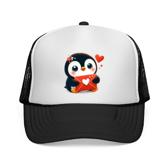 Penguin Valentine Mail with Heart Trucker Caps