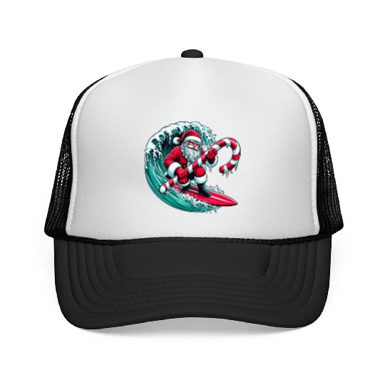 Santa Surfing Candy Cane Wave - Christmas Gifts Trucker Caps
