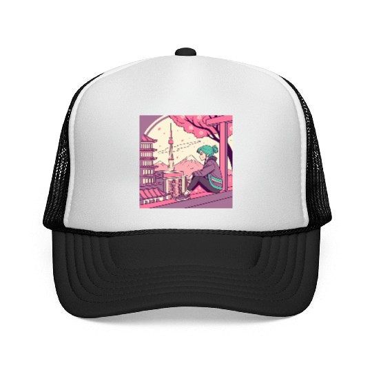 Blossom Breeze: Tokyo Girl Embracing a Tranquil Trucker Caps