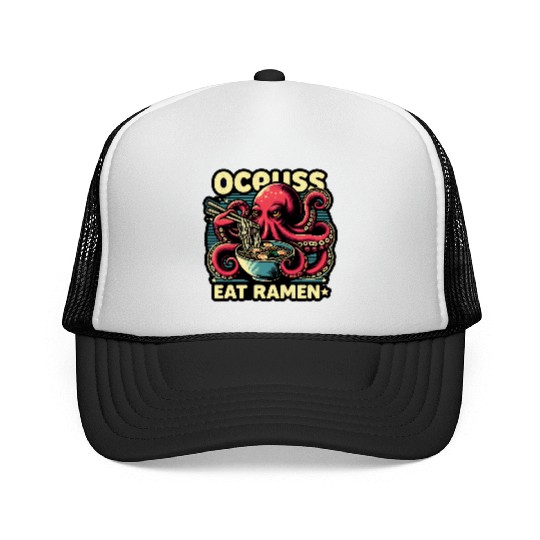 giant monster octopus eat ramen lover noodle bowl Trucker Caps