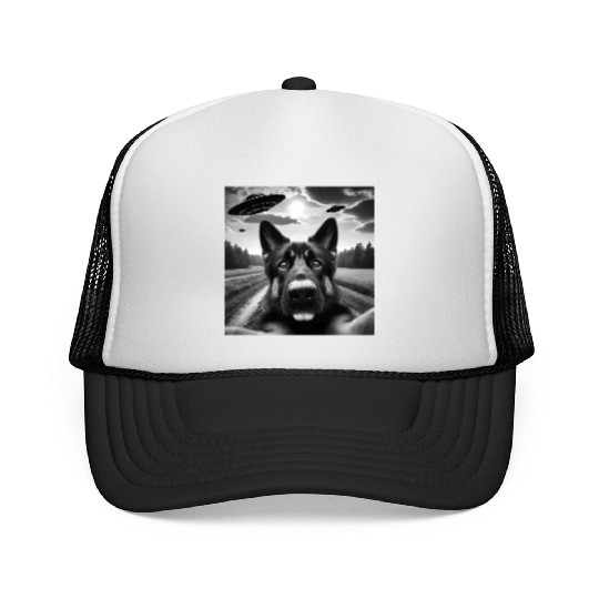 German2 Shepherd Funny GSP Selfie with UFOs Weird Trucker Caps