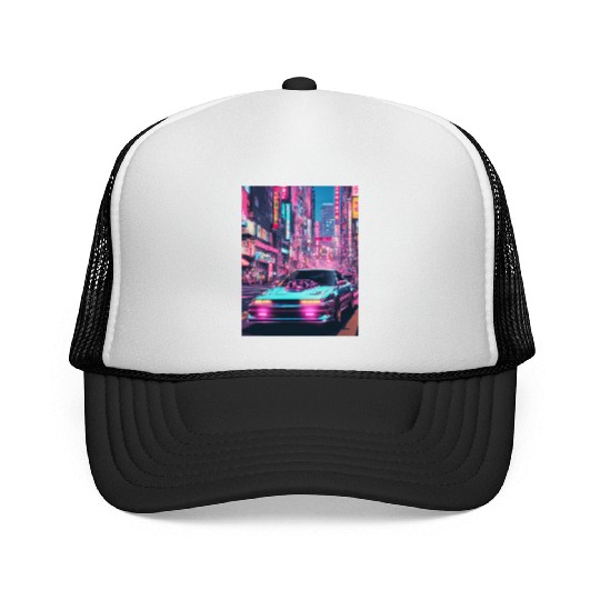 Scooped street racer in downtown Tokyo vaporwave Trucker Caps