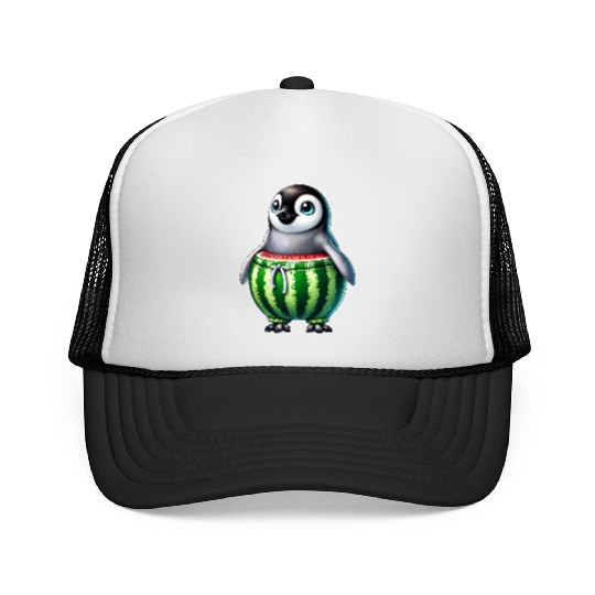 Funny penguin with watermelon fruity whimsical Trucker Caps