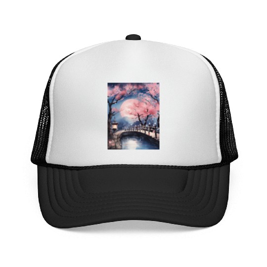 Watercolor cherry blossom festival full moon Trucker Caps