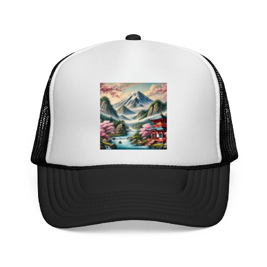 Serene Mount Fuji Landscape Art Print - Japanese C Trucker Caps