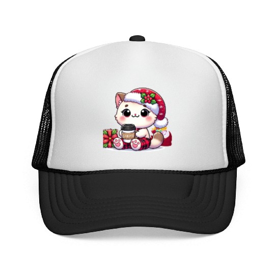 A Cute Kawaii Cat Drinking Coffee Trucker Caps