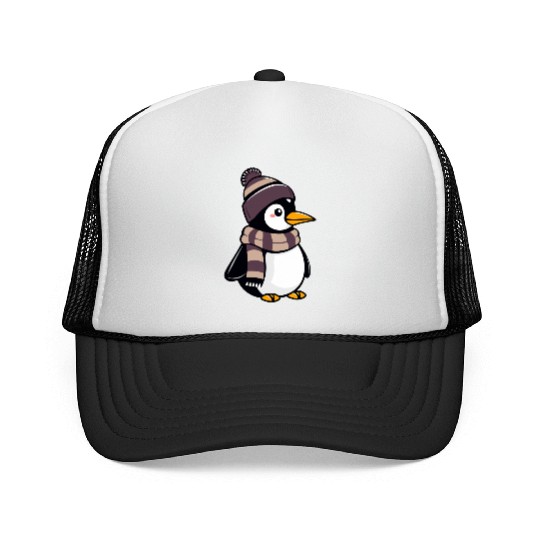 Cute cartoon penguin wearing winter hat and scarf Trucker Caps