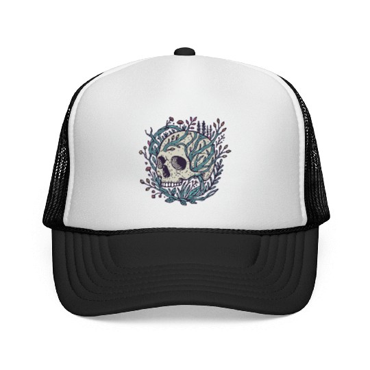 Detailed Skull Artwork Interwoven with Nature Trucker Caps