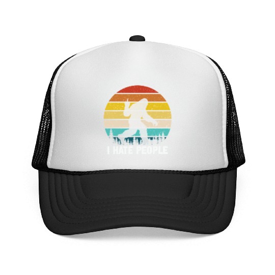 I Hate People Retro Bigfoot Silhouette in Forest Trucker Caps