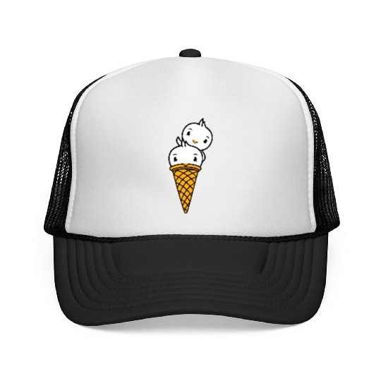 Two Birds Ice Cream Waffle Scoops Greeting Waving Trucker Caps