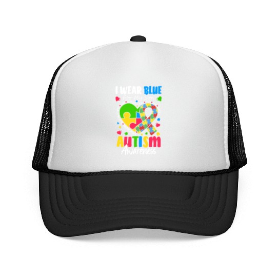 I Wear Blue For My Son Autism Awareness Mom Dad Trucker Caps