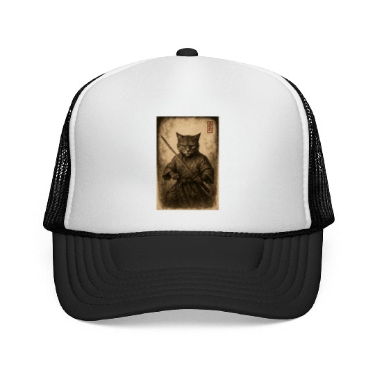 Samurai Cat in Vintage Style Trucker Caps