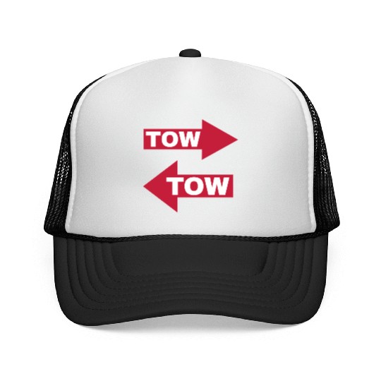 tow arrow red moving automotive because racecar Trucker Caps