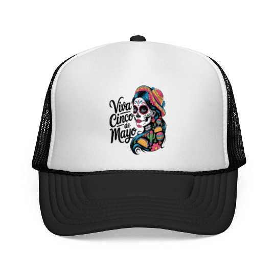 Cinco de Mayo Sugar Skull Girl Sombrero & Flowers Trucker Caps