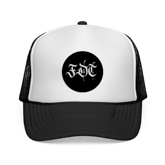 Ornate Gothic Lettering FDT in Light Grey on Black Trucker Caps