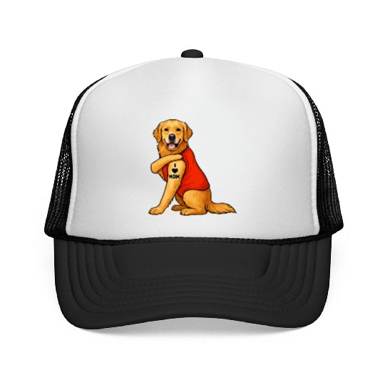 Funny golden retriever Dog I Love Mom Tattoo Lover Trucker Caps