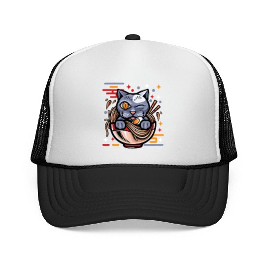 Cat Ramen Japanese Funny Japanese Kawaii Black Cat Trucker Caps