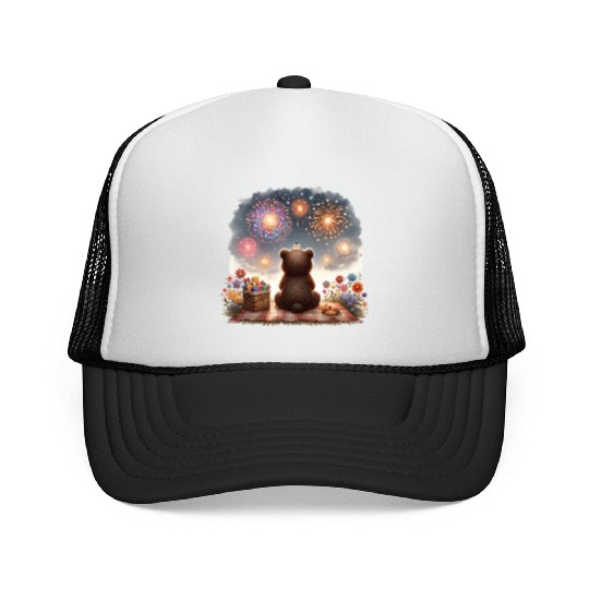 Fireworks Picnic Bear – Night Sky Celebration View Trucker Caps
