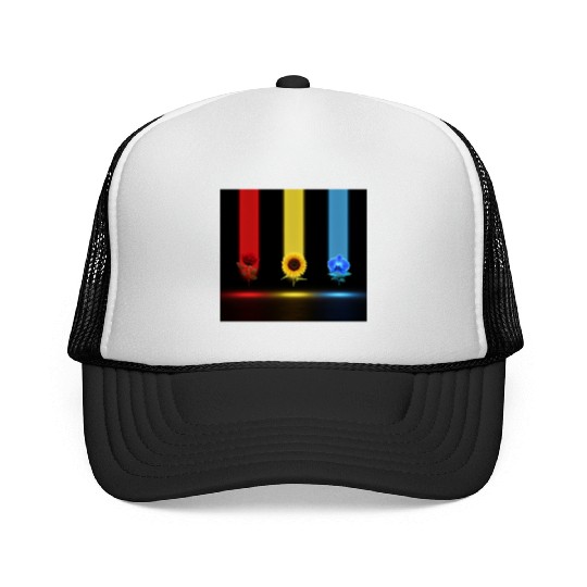 Three Glowing Blooms: Rose, Sunflower, and Orchid Trucker Caps