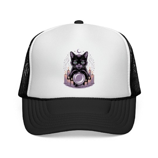 Witchy Cat with Crystal Ball and Candles Trucker Caps