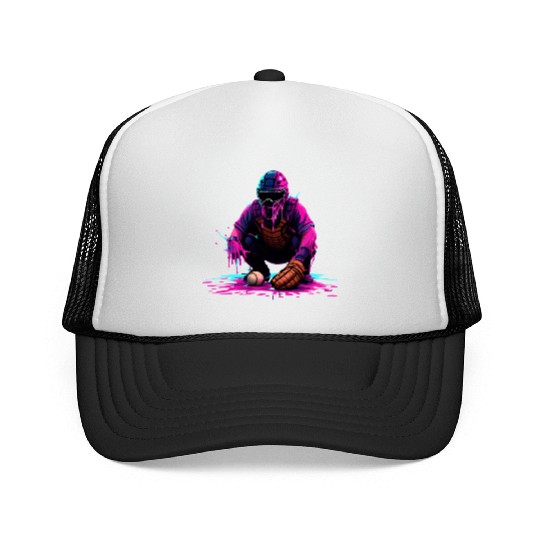 Neon Baseball Catcher Art Cool Vaporwave Sports Trucker Caps