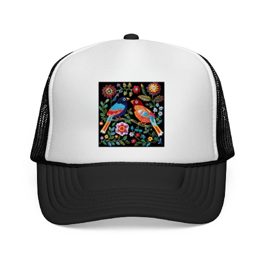 Mexican Embroidery Pattern Art Birds Flowers, Folk Trucker Caps