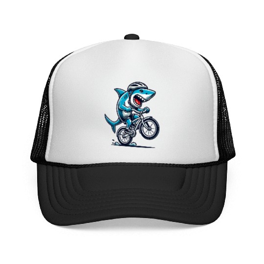 Shark Racing on Bike • Funny Cycling Shark Ride Trucker Caps