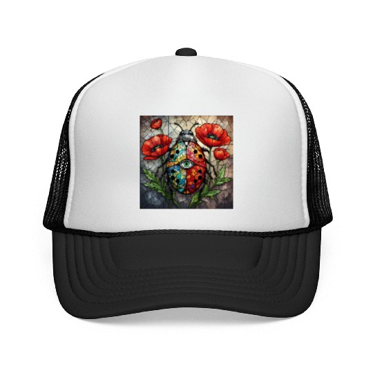 Ladybug stained glass vibrant poppy flower insect Trucker Caps