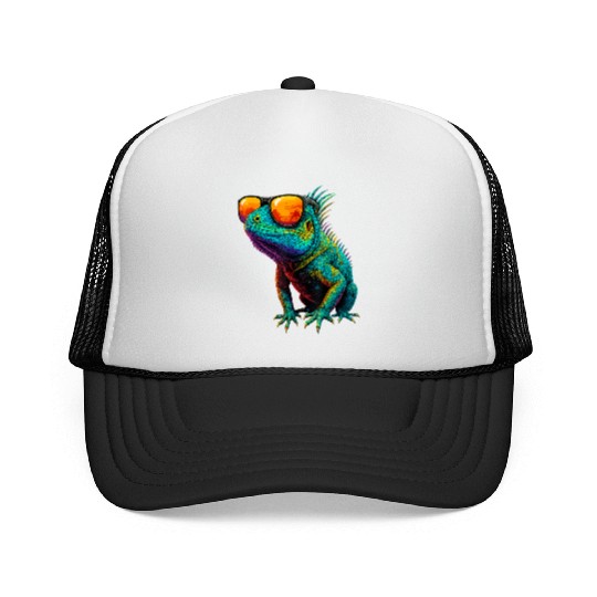 Cool Neon Iguana with Sunset Sunglasses Trucker Caps