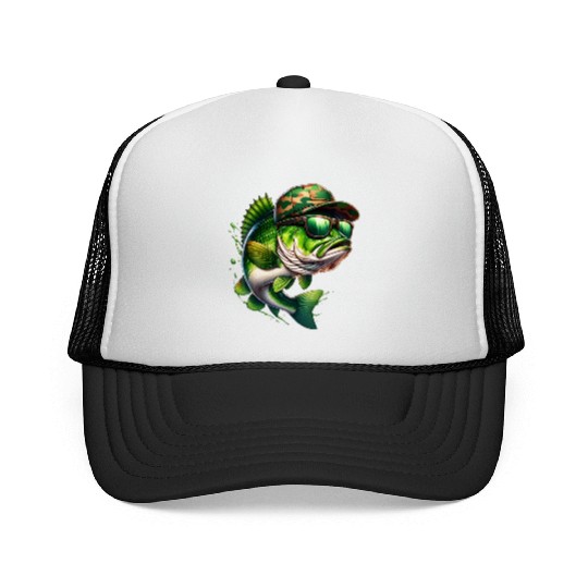 Camo Hat Bass Fish with Green Sunglasses Trucker Caps