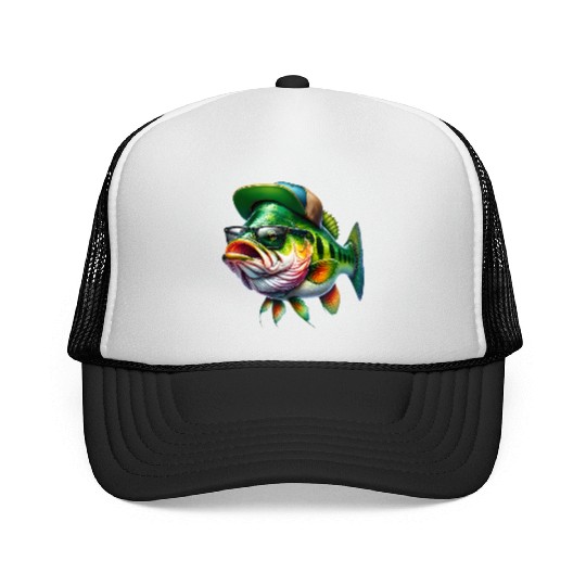 Cool Bass Fish with Green Hat and Glasses Trucker Caps