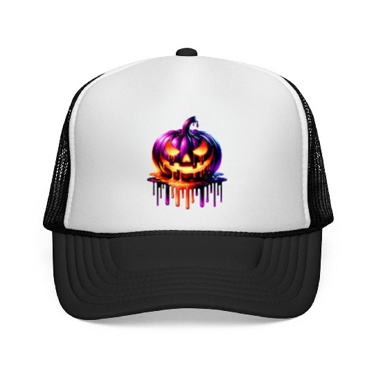 Neon Dripping Pumpkin Halloween Design Trucker Caps