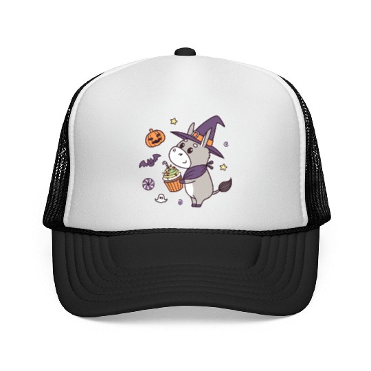 Whimsical Halloween Witch Pony Design Trucker Caps
