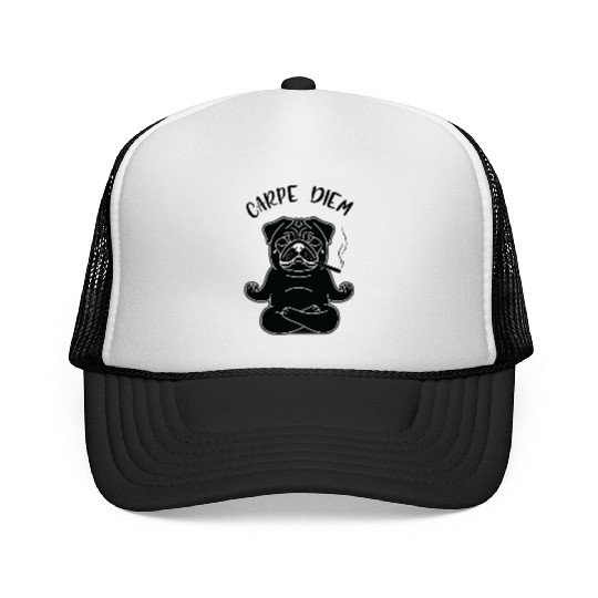 Meditative Pug with 'Carpe Diem' Text Trucker Caps