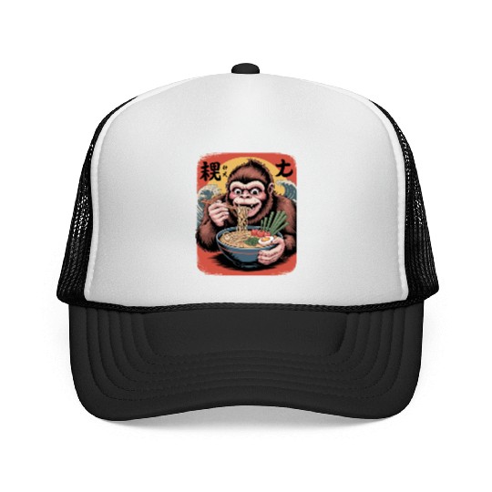 Japanese Bigfoot Eating Ramen Great Wave Kanagawa Trucker Caps