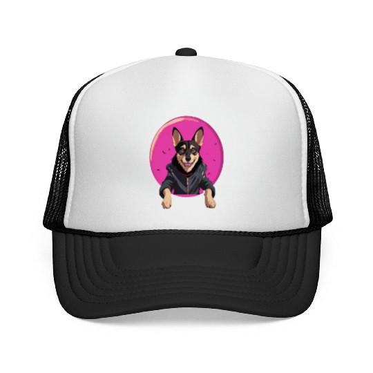 Playful Dog Portrait with Pink Moon Background Trucker Caps