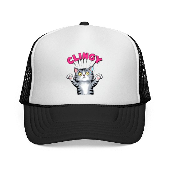 Humorous Clingy Cat Illustration Trucker Caps