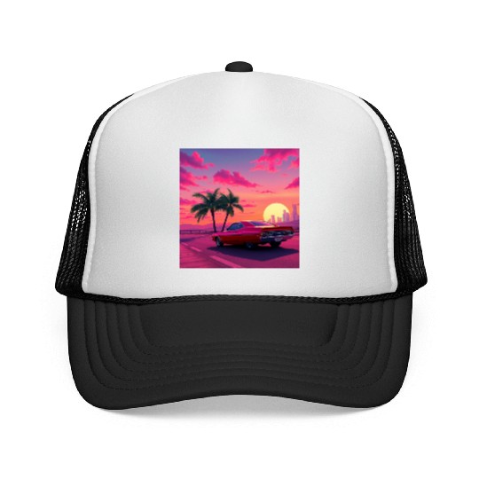 Neon Drift Sunset on the Synthwave Highway Trucker Caps