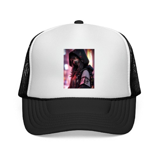 Cyberpunk Hooded Girl with Neon Accents Trucker Caps