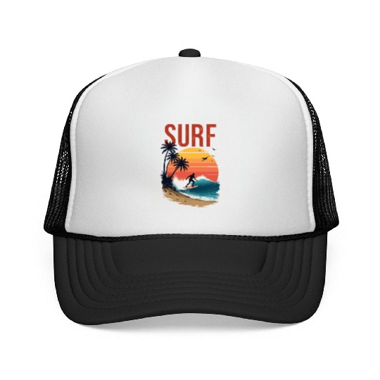 Sunset Surfing Beach Scene Trucker Caps
