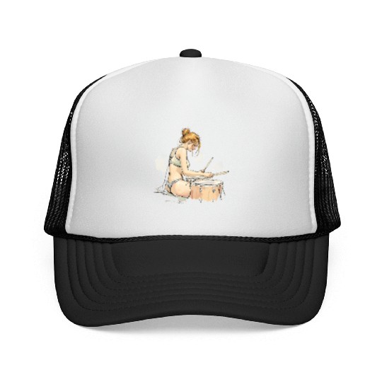 Illustrative Drummer Girl in Casual Attire Trucker Caps
