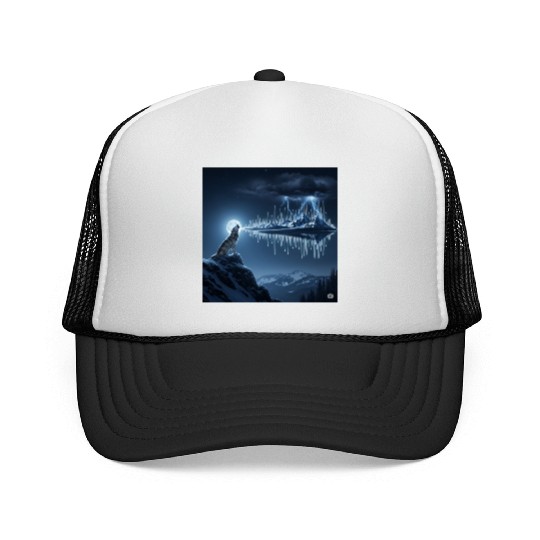 Mystic Mountain Wolf Sound Wave Trucker Caps