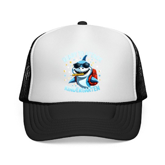 back-to-school-Shark With Backpack Kindergarten  Trucker Caps